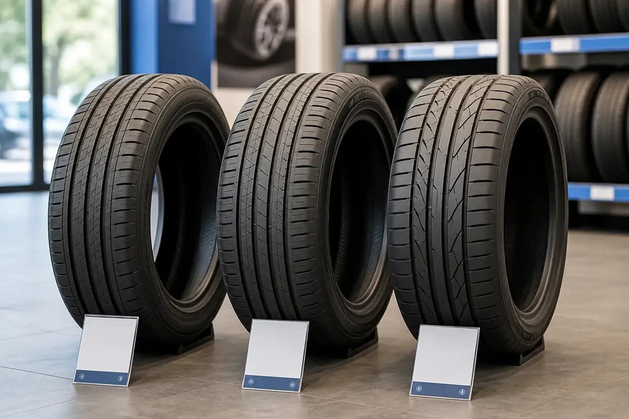 Different tread designs compared in a tyre showroom