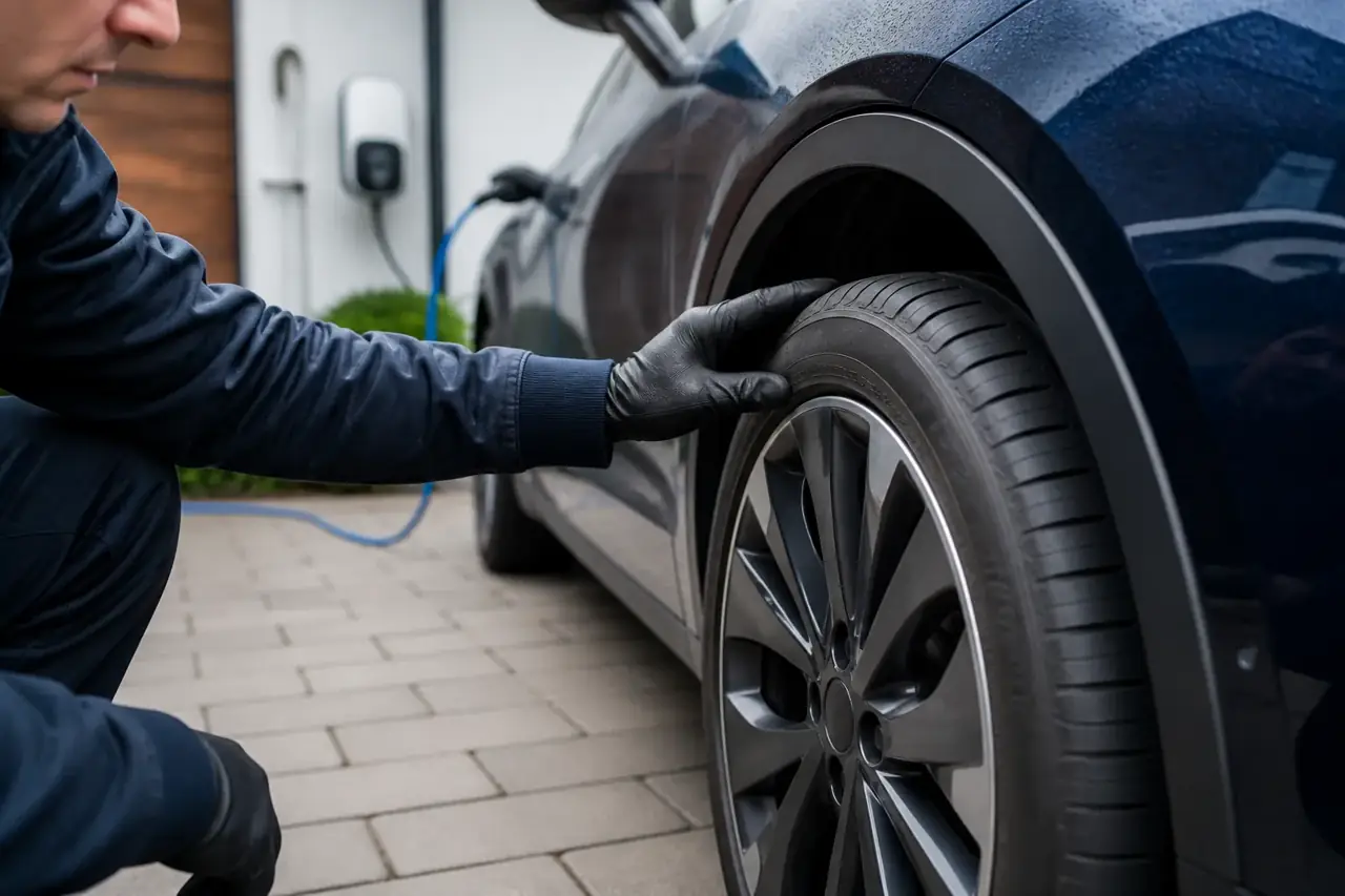 A modern electric-car tyre receiving a condition check