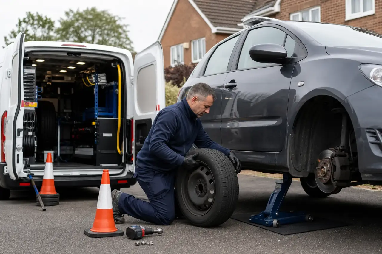 A mobile tyre fitter working safely on a home driveway