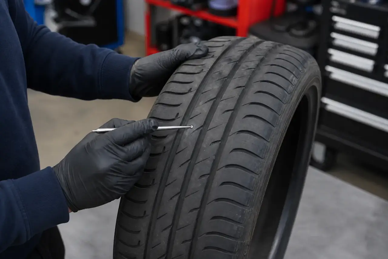 A technician examining a puncture in the central tread area