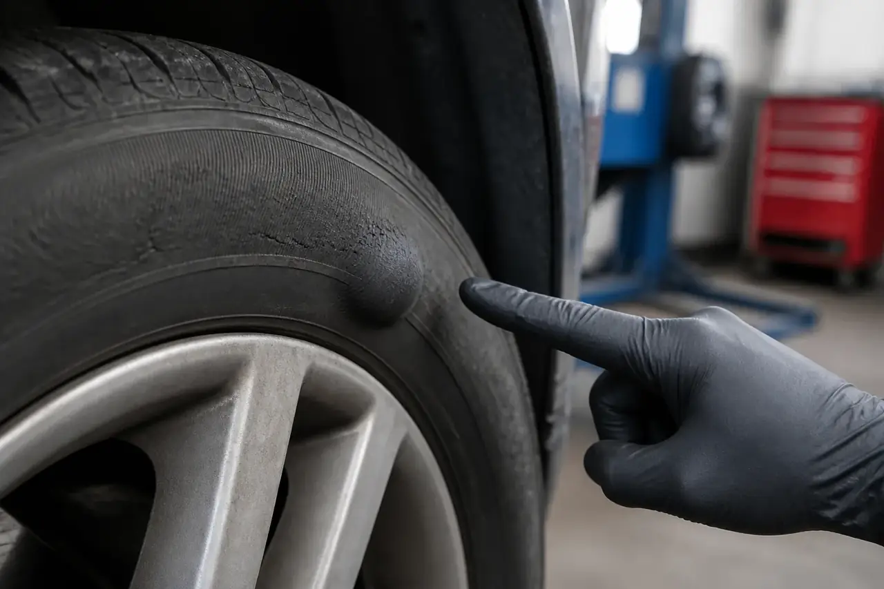 A technician identifying cracking and a bulge on a tyre sidewall