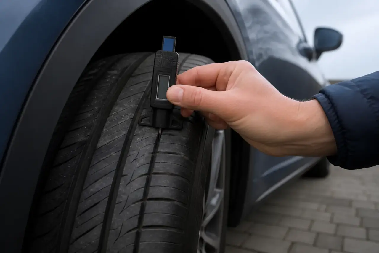 A tread-depth gauge positioned in a tyre groove