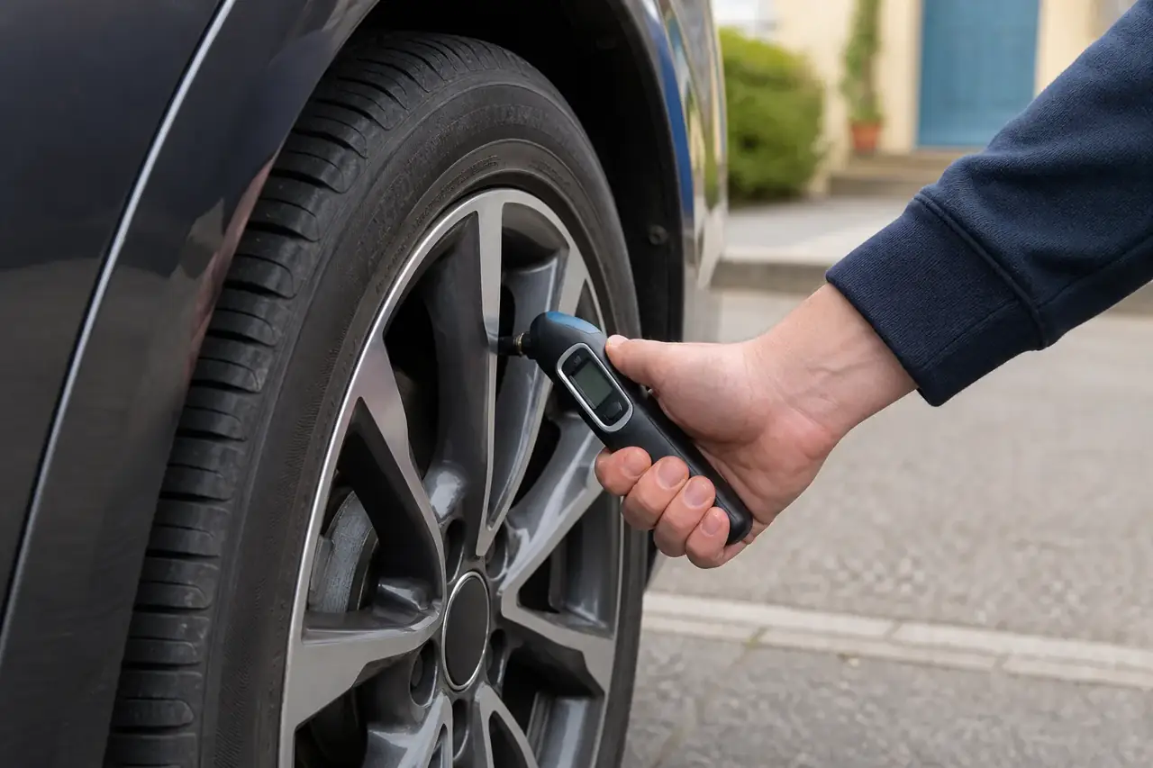A digital pressure gauge connected to a tyre valve