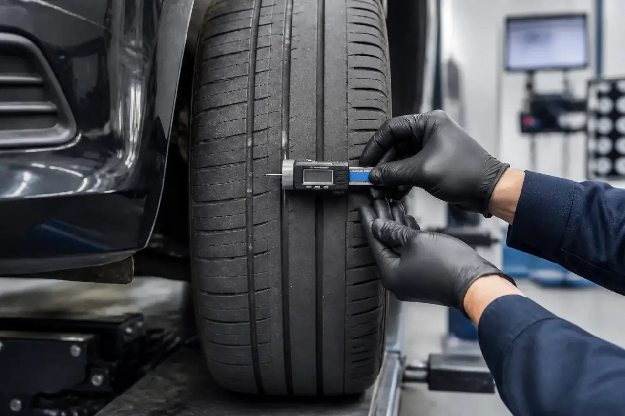 A tyre being assessed in a wheel-alignment bay
