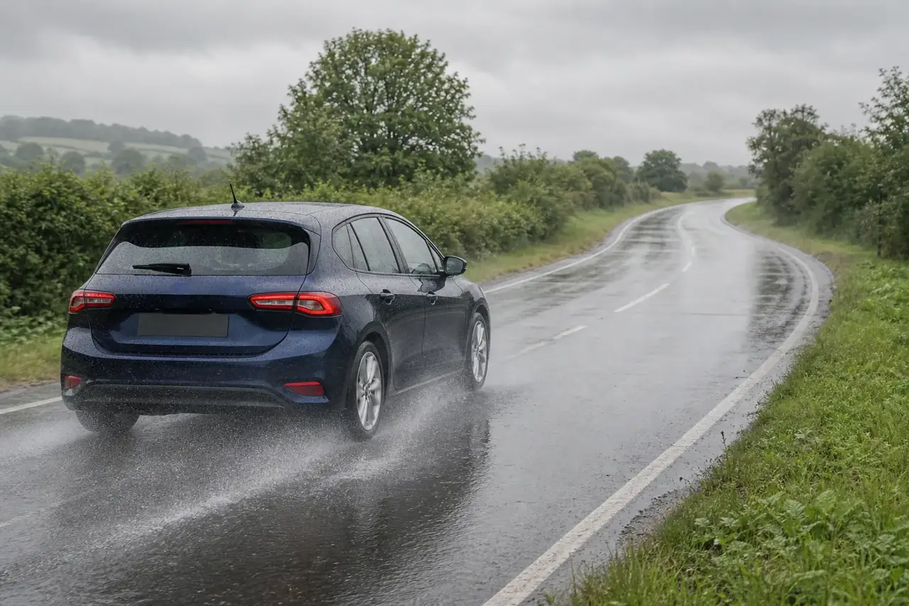 A car dispersing water while travelling on a wet road